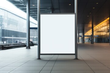 A blank billboard stands in a train station. Suitable for advertising or displaying information.