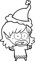 hand drawn line drawing of a shocked elf girl wearing santa hat