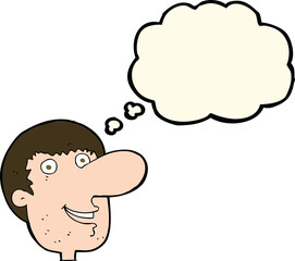 cartoon happy male face with thought bubble
