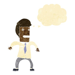 cartoon nervous businessman with thought bubble