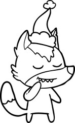 friendly hand drawn line drawing of a wolf wearing santa hat