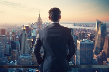 A man in a suit stands at a vantage point, gazing at the city below. This image can be used to depict concepts such as urban life, success, business, or leadership