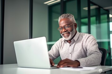 Fototapeta premium Smiling busy older professional business man working on laptop sitting at desk. Older mature businessman, happy male executive manager typing on computer using pc technology in office.