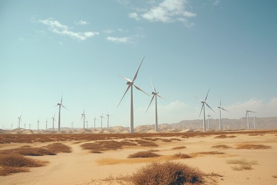 Wind turbines standing in the desert. Suitable for renewable energy concepts