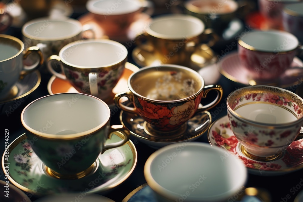 Poster cups and saucers arranged on a table. perfect for use in a cafe or restaurant setting