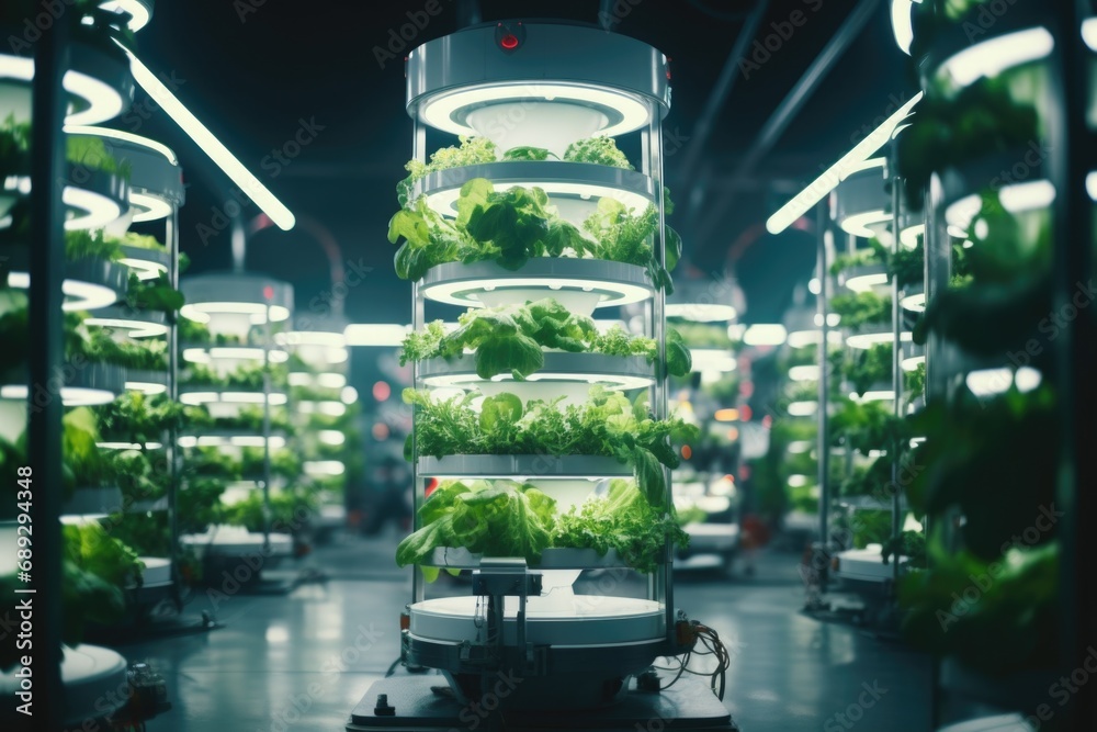 Poster a hydro tower with a unique twist - it is filled with thriving lettuce plants. perfect for showcasin
