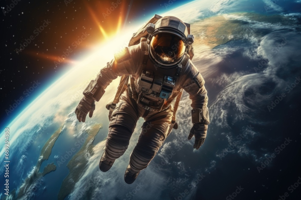 Poster A man in a space suit floating in the air. Perfect for science fiction or space exploration concepts