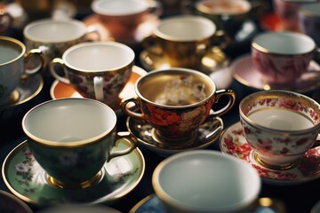 Cups and saucers arranged on a table. Perfect for use in a cafe or restaurant setting
