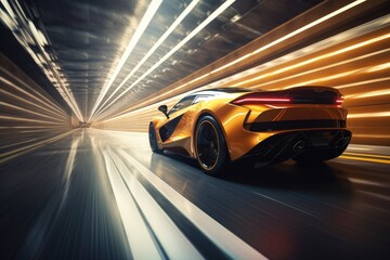 A yellow sports car speeding through a tunnel. Perfect for automotive or transportation-themed...