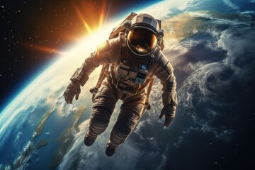 A man in a space suit floating in the air. Perfect for science fiction or space exploration concepts