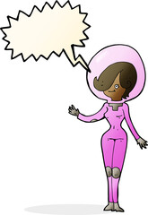 cartoon space woman with speech bubble