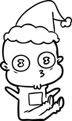 hand drawn line drawing of a weird bald spaceman wearing santa hat