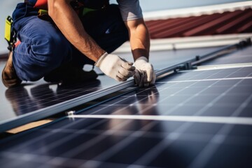 A man is shown installing a solar panel on a roof. This image can be used to showcase the process of installing solar panels and promote sustainable energy solutions - obrazy, fototapety, plakaty
