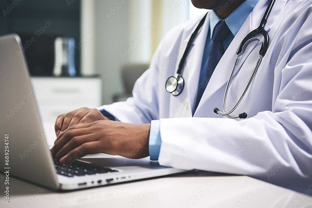 Poster A man wearing a lab coat is seen typing on a laptop. This image can be used to depict a scientist or researcher working on a computer in a laboratory setting