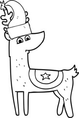 freehand drawn black and white cartoon reindeer wearing christmas hat