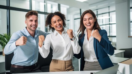 enthusiastic employees, celebrating a significant business achievement with a triumphant fist bump. bright light of a contemporary office, their faces glowing with shared success. generative AI
