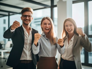 enthusiastic employees, celebrating a significant business achievement with a triumphant fist bump. bright light of a contemporary office, their faces glowing with shared success. generative AI