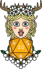 Retro Tattoo Style elf druid character with nautral twenty dice roll