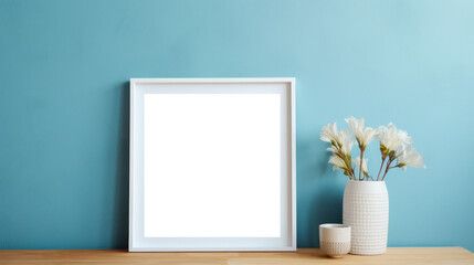 White photo frame mockup on blue wall background, blank poster template. Minimalistic interior table vase with flowers decor