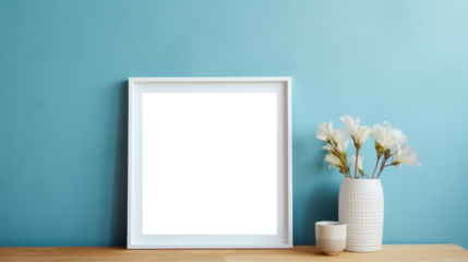White photo frame mockup on blue wall background, blank poster template. Minimalistic interior table vase with flowers decor