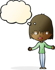 cartoon woman shrugging shoulders with thought bubble
