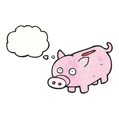 freehand drawn thought bubble textured cartoon piggy bank