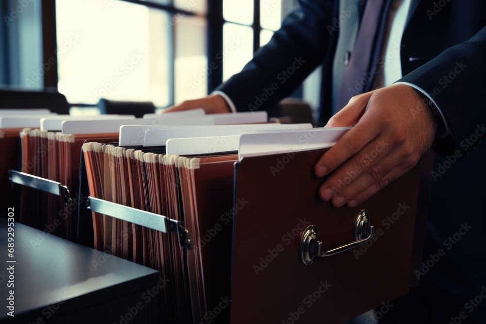 Poster a man dressed in a suit holding a file filled with documents. this image can be used to portray prof