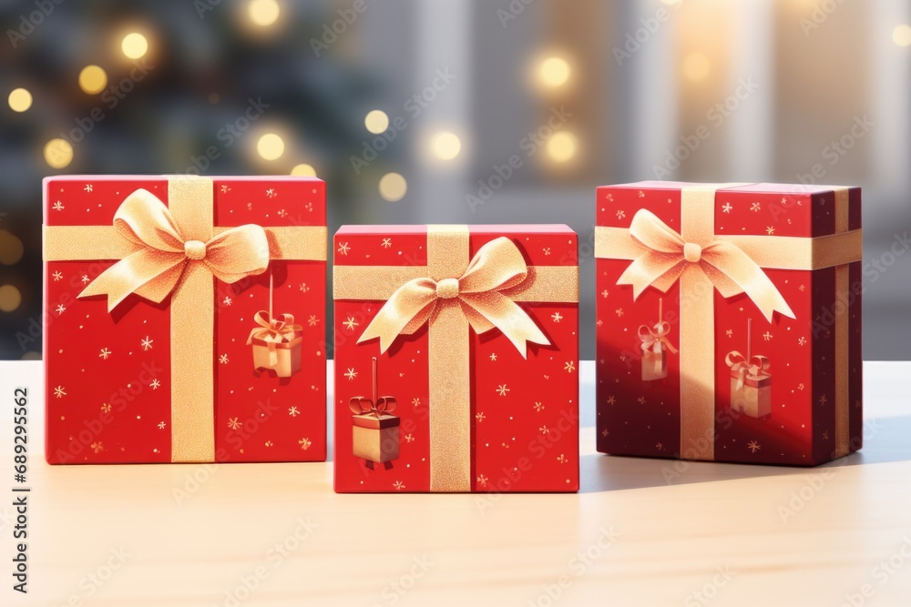 Poster three red gift boxes with gold bows are arranged neatly on a table. this image can be used for vario