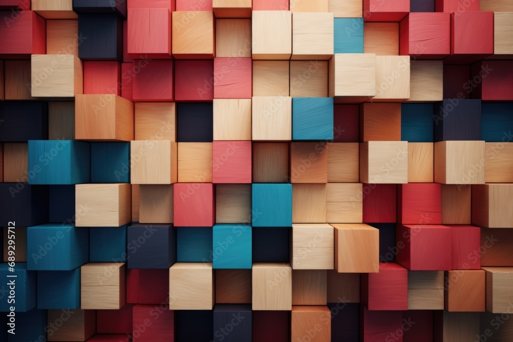 Poster a bunch of wooden cubes stacked together. can be used as a symbol of unity, creativity, or building 