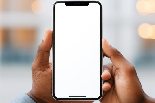 A person holding a cell phone with a white screen. Versatile image for technology and communication concepts