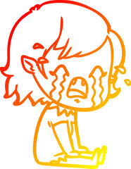 warm gradient line drawing of a cartoon crying vampire girl