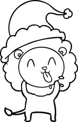 happy hand drawn line drawing of a lion wearing santa hat