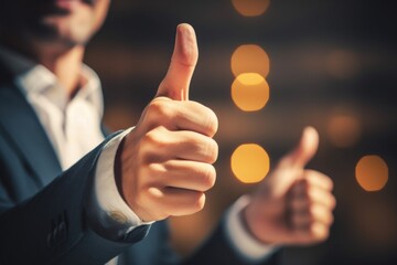 A professional man in a suit giving a positive thumbs up gesture. Suitable for business, success, approval, and motivation concepts