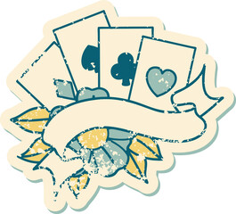 iconic distressed sticker tattoo style image of cards and banner