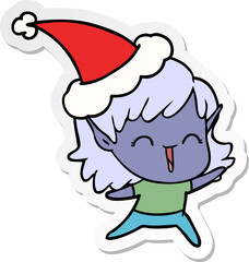 hand drawn sticker cartoon of a elf girl wearing santa hat