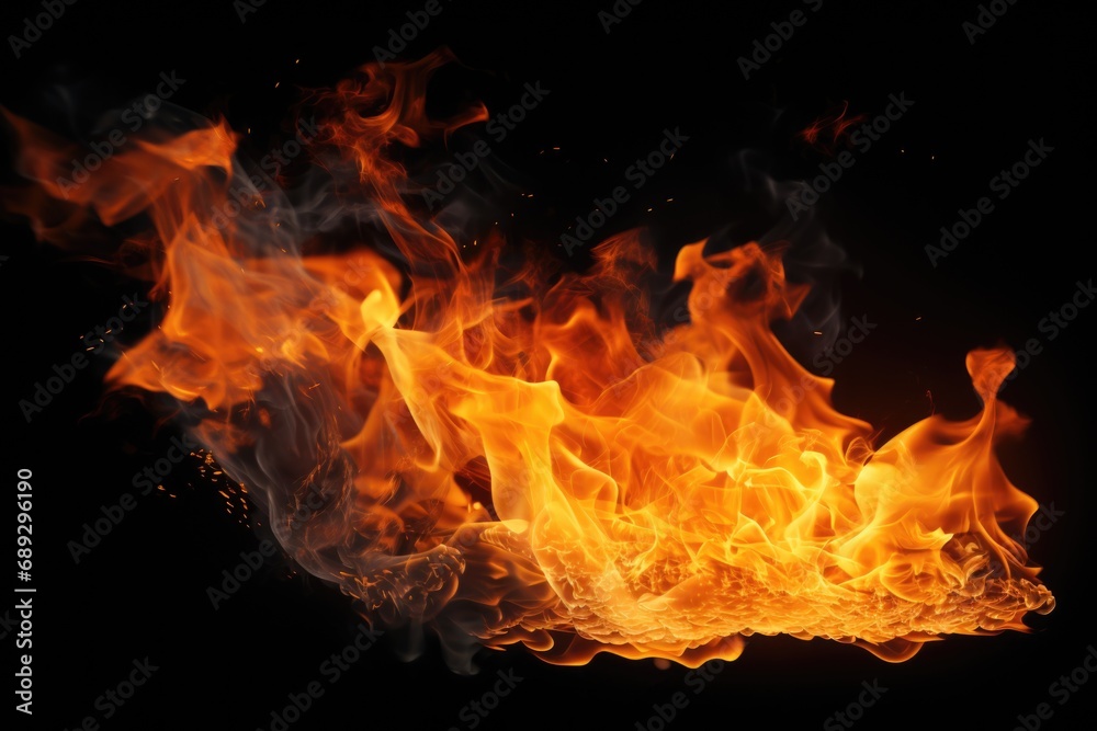 Poster a close-up view of a vibrant fire burning on a black background. this captivating image captures the