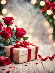 Elegance in Bokeh: Roses and Ribboned Gift Creating a Blissful Background for New Year's and Valentine's Day Celebrations. generative AI