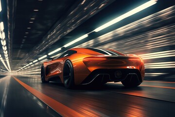 An orange sports car driving through a tunnel. This image can be used to depict speed, adventure,...