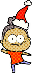 hand drawn comic book style illustration of a happy old woman wearing santa hat