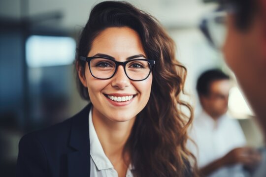 A woman with glasses smiling at the camera. Perfect for professional presentations and promotional materials