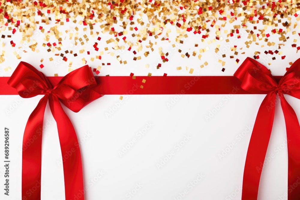 Poster a red ribbon with a bow on a clean white background. suitable for various occasions and celebrations