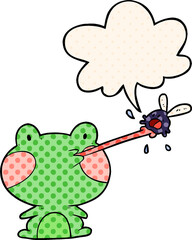 cute cartoon frog catching fly with tongue with speech bubble in comic book style