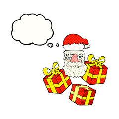 freehand drawn thought bubble cartoon tired santa claus face with presents