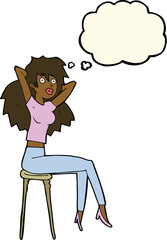 cartoon woman posing on stool with thought bubble