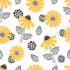 Seamless pattern with abstract yellow daisies. Botanical design for banner, wall art, cards, prints and fabrics. Hand drawn flowers chamomile