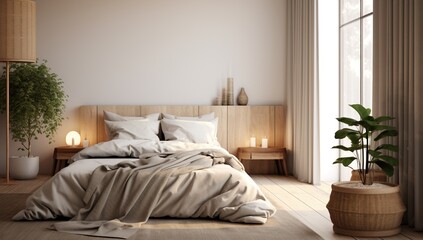 Warm bedroom with a large window, plants, lamps, and wooden decor elements, creating a relaxed...