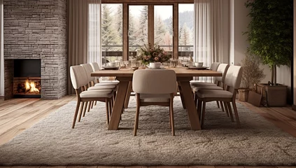 Fotobehang Spacious dining room with a wooden table and chairs, a fireplace, and a panoramic view of the mountain landscape through large windows. © volga