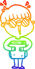 rainbow gradient line drawing of a cartoon boy and book