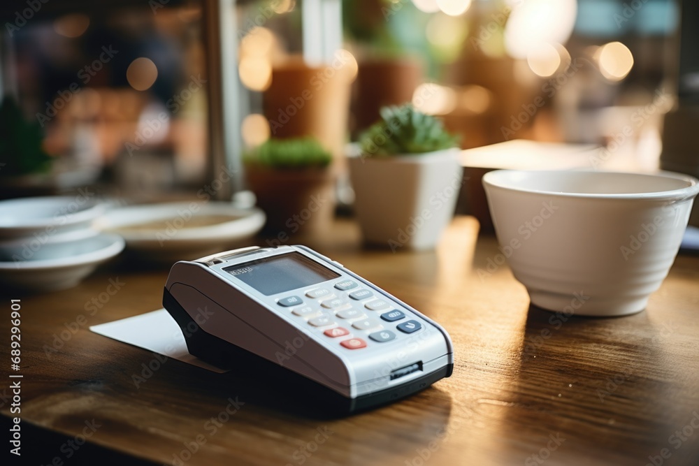 Poster a credit card machine placed on a sturdy wooden table. suitable for business and financial concepts.