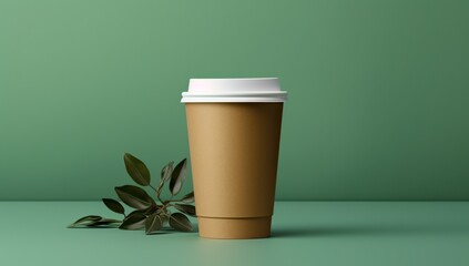 A brown coffee cup with a white lid on a green background with a plant branch. Mockup for your product presentation.